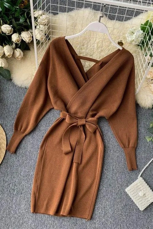 Women Knitted Sweater Dress V Neck Elegant Dress Ladies Bandage Dress