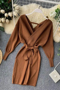Women Knitted Sweater Dress V Neck Elegant Dress Ladies Bandage Dress