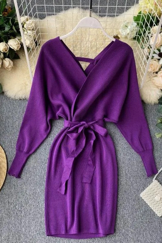 Women Knitted Sweater Dress V Neck Elegant Dress Ladies Bandage Dress