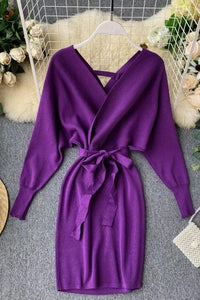 Women Knitted Sweater Dress V Neck Elegant Dress Ladies Bandage Dress