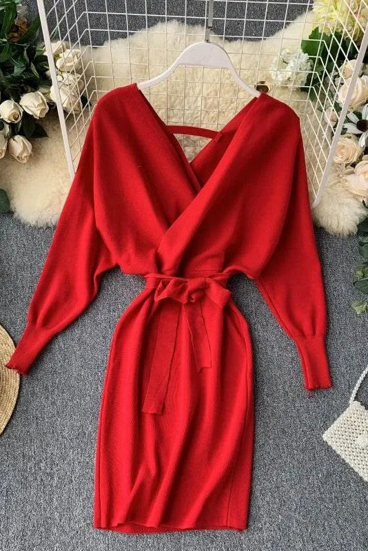 Women Knitted Sweater Dress V Neck Elegant Dress Ladies Bandage Dress