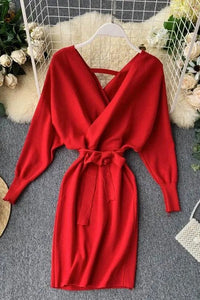 Women Knitted Sweater Dress V Neck Elegant Dress Ladies Bandage Dress