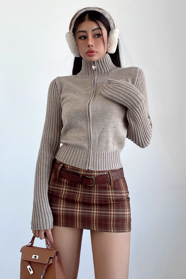 Fashion High Neck Knitwear Zip Coat