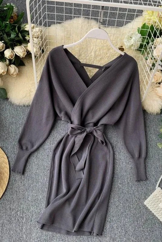 Women Knitted Sweater Dress V Neck Elegant Dress Ladies Bandage Dress