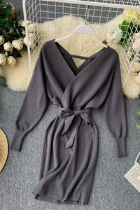 Women Knitted Sweater Dress V Neck Elegant Dress Ladies Bandage Dress
