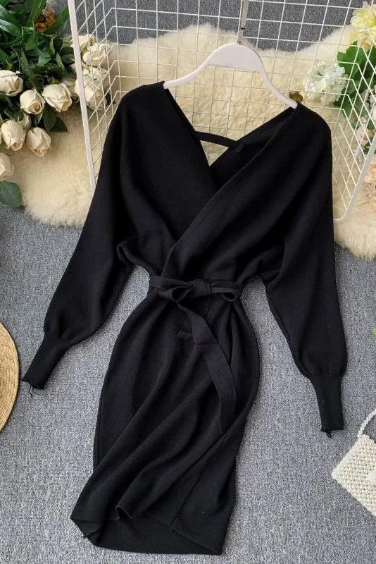 Women Knitted Sweater Dress V Neck Elegant Dress Ladies Bandage Dress