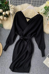 Women Knitted Sweater Dress V Neck Elegant Dress Ladies Bandage Dress