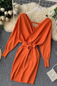 Women Knitted Sweater Dress V Neck Elegant Dress Ladies Bandage Dress
