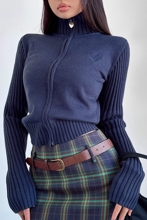 Fashion High Neck Knitwear Zip Coat