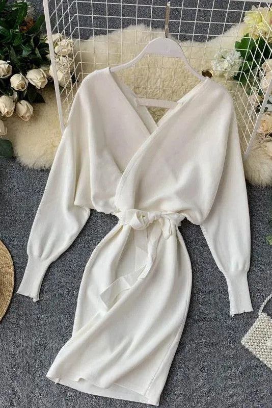 Women Knitted Sweater Dress V Neck Elegant Dress Ladies Bandage Dress