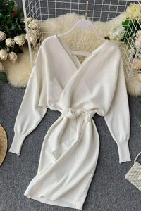 Women Knitted Sweater Dress V Neck Elegant Dress Ladies Bandage Dress