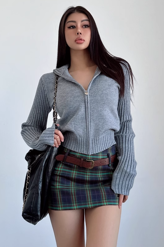 Fashion High Neck Knitwear Zip Coat