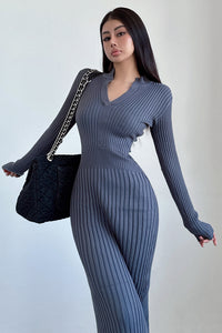 Fashion V-Neck Long Sleeve Knit Sweater Dress