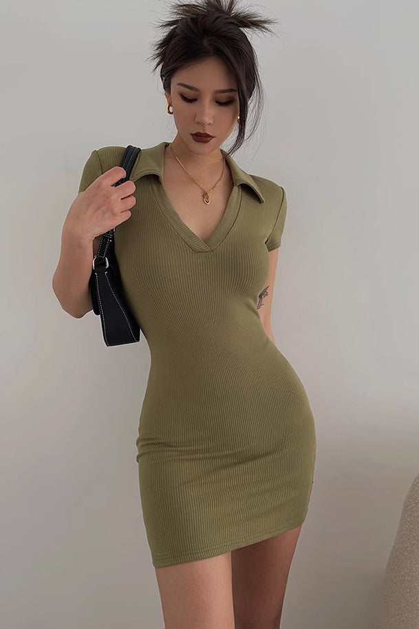Women's Sexy Wrap V Neck Ribbed Bodycon Dress