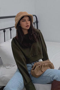 Solid Crew Neck Crop Sweater Sweatshirt