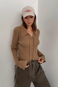 Women's Rib-knit Lace Up Front Tops Sweater Cardigan