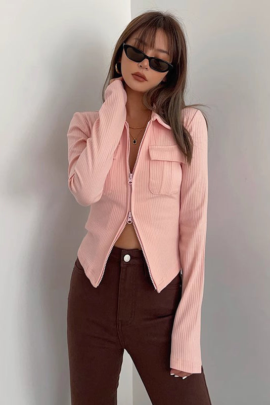 Zip Detail Pocket Front Ribbed Tops T-Shirt – TOP SHOW