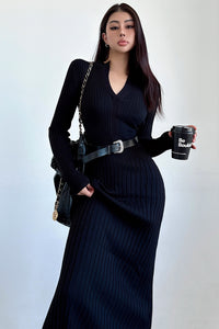 Fashion V-Neck Long Sleeve Knit Sweater Dress