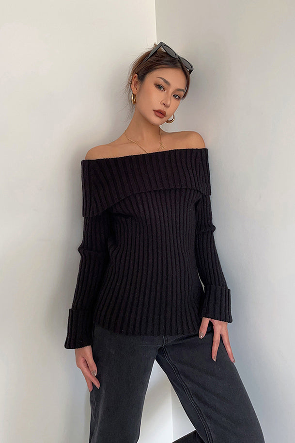 Off Shoulder Fashion Rib-Knit Sweater