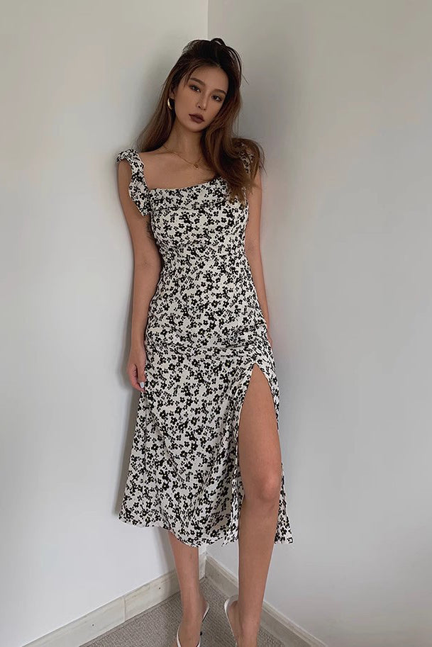 knee length dresses for ladies Split Hem Midi Dress In Dark Navy Floral Print – Victoria Beckham UK