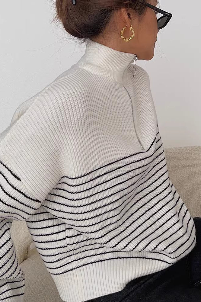 Women's Striped Print  Sweaters Fashion Zip Up Outwear Coats
