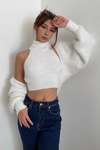 Women's Rib-knit Shawl Jacet & Mock Neck Vest Two Piece Set