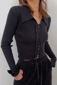 Women's Rib-knit Lace Up Front Tops Sweater Cardigan