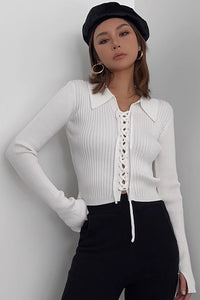Women's Rib-knit Lace Up Front Tops Sweater Cardigan