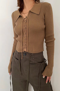 Women's Rib-knit Lace Up Front Tops Sweater Cardigan