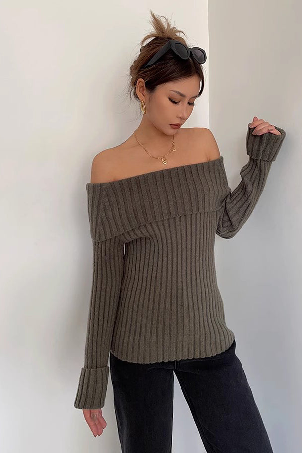 Off Shoulder Fashion Rib-Knit Sweater