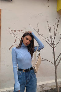 Women's Solid Rib-knit Mock Neck Sweater