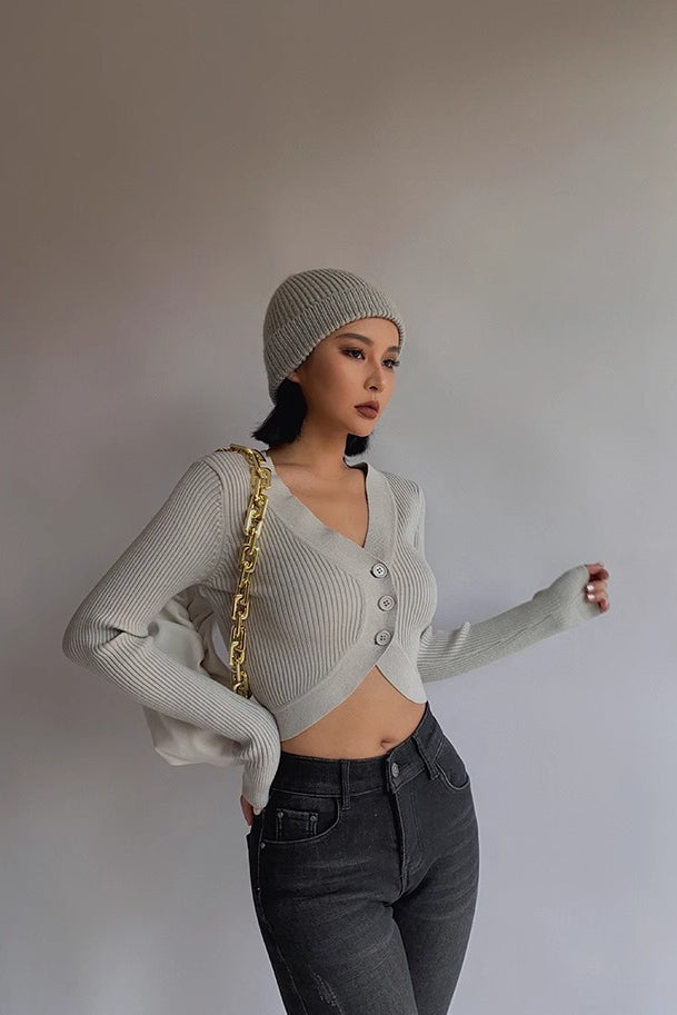 Women's Rib-knit Buttoned Front Crop Sweater