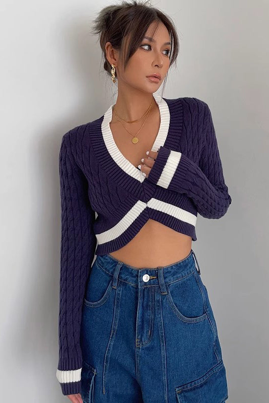 Women's Contrast Fashion Cable Knit Crop Sweater