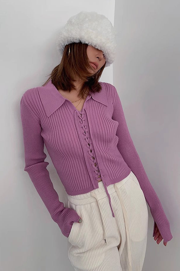 Women's Rib-knit Lace Up Front Tops Sweater Cardigan