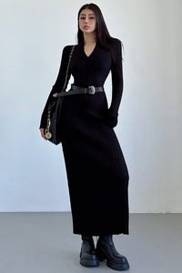 Fashion V-Neck Long Sleeve Knit Sweater Dress