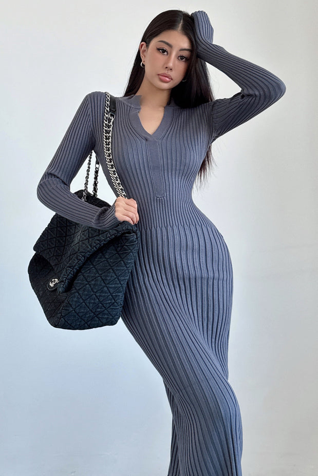 Fashion V-Neck Long Sleeve Knit Sweater Dress