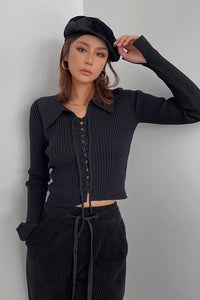 Women's Rib-knit Lace Up Front Tops Sweater Cardigan