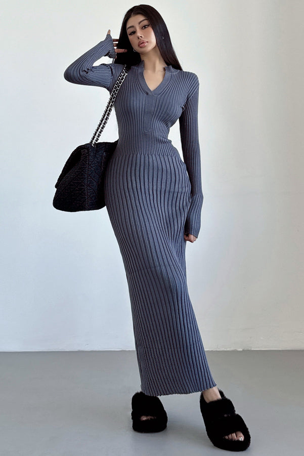 Fashion V-Neck Long Sleeve Knit Sweater Dress
