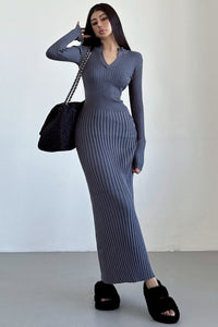 Fashion V-Neck Long Sleeve Knit Sweater Dress