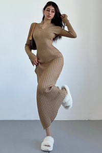 Fashion V-Neck Long Sleeve Knit Sweater Dress