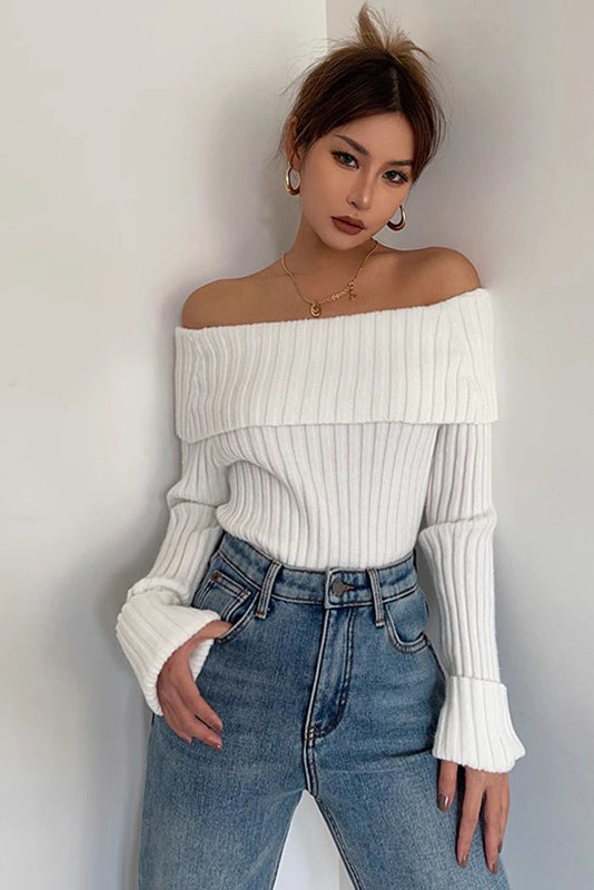 Off Shoulder Fashion Rib-Knit Sweater