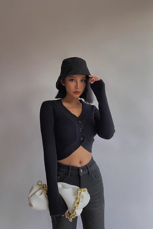 Women's Rib-knit Buttoned Front Crop Sweater