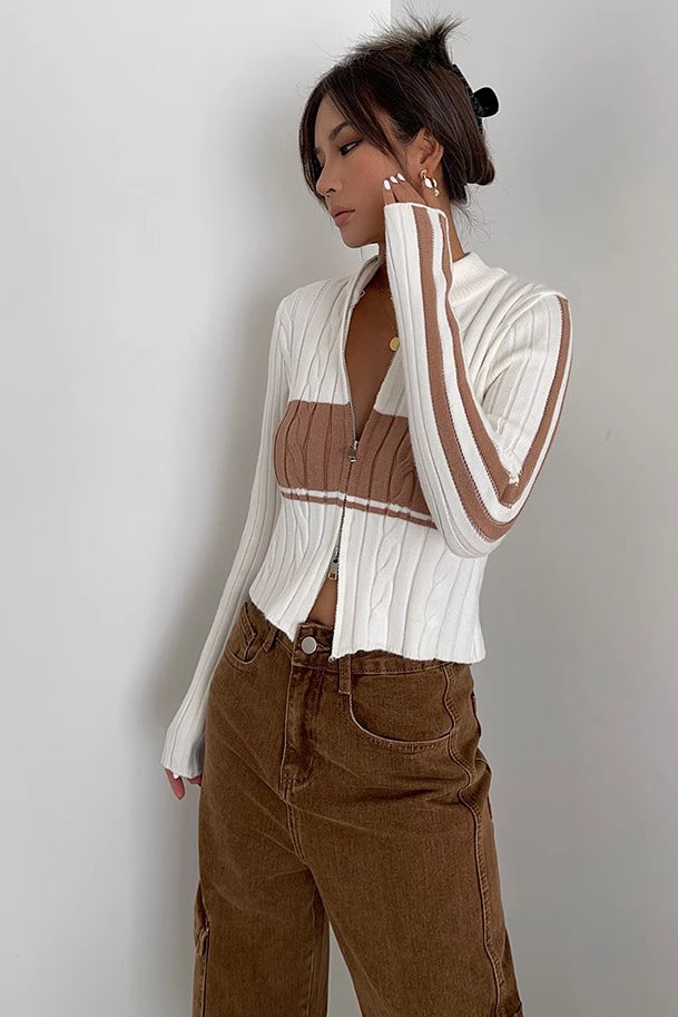 Women's Zip Detail Contrast Cable Knit Cardigan Sweater Outwear