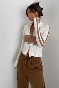 Women's Zip Detail Contrast Cable Knit Cardigan Sweater Outwear