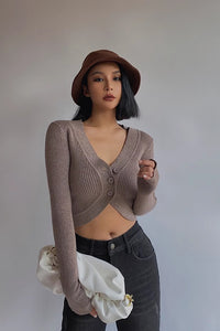 Women's Rib-knit Buttoned Front Crop Sweater