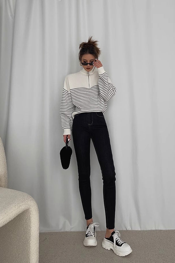 Women's Striped Print  Sweaters Fashion Zip Up Outwear Coats