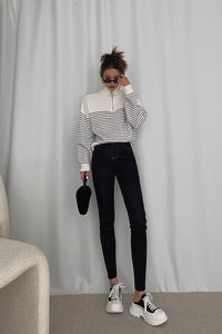 Women's Striped Print  Sweaters Fashion Zip Up Outwear Coats