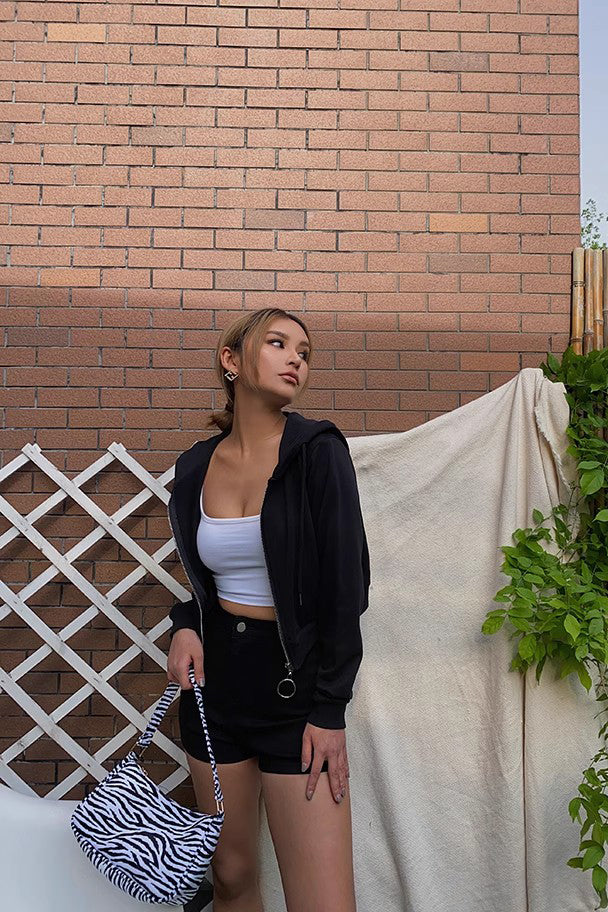 Solid Zip Up Front Crop Hooded