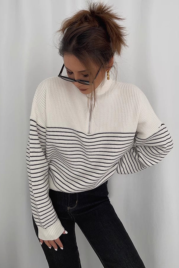 Women's Striped Print  Sweaters Fashion Zip Up Outwear Coats