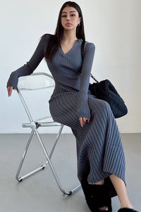 Fashion V-Neck Long Sleeve Knit Sweater Dress